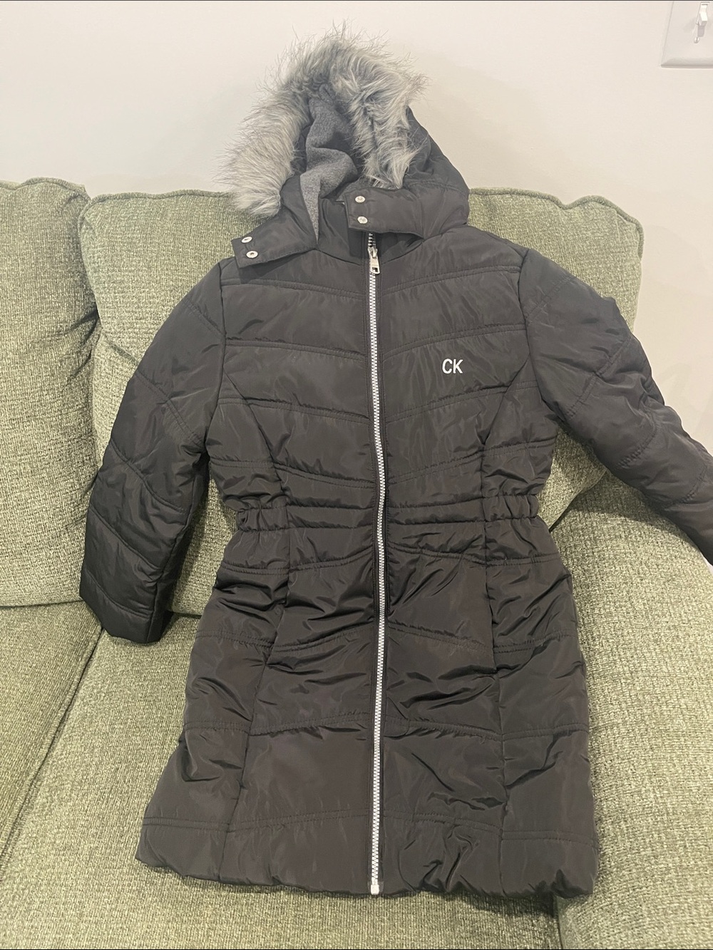 Kids Calvin Klein Black Quilted Long Puffer Coat with Faux Fur-Trim Hood